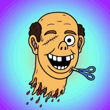 a cartoon of a man with stitches on his face holding a pair of scissors in his mouth