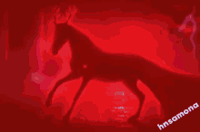 a painting of a red horse on a blue background with hnsamore written below it