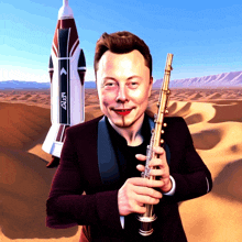 a man in a suit holding a clarinet in front of a rocket that says alpha