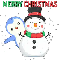 a merry christmas greeting card with a snowman and a penguin