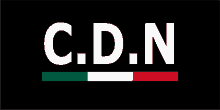 a c.d.n logo on a black background with a green and red stripe