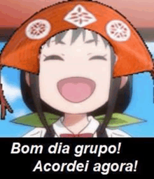 a girl is wearing a red hat and smiling with the words bom dia grupo acordei agora .