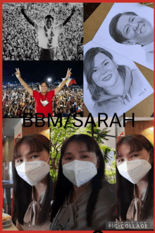 a collage of people wearing face masks with the name bbm / sarah on the top