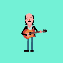 a man with a mustache is holding a guitar