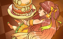 a drawing of a girl holding a cake with lemons on it