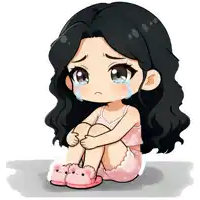 a girl with black hair is crying while wearing pink bear slippers