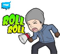 a cartoon of a man holding a megaphone with the words roll roll behind him