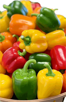 a basket filled with different colored peppers including red yellow and green