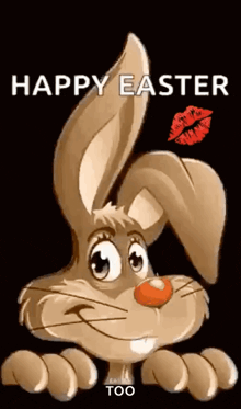 a cartoon easter bunny with a red kiss on its nose