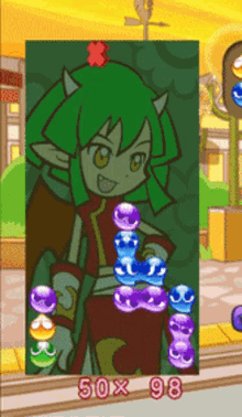 a cartoon character with green hair and horns is surrounded by bubbles and the number 50x98