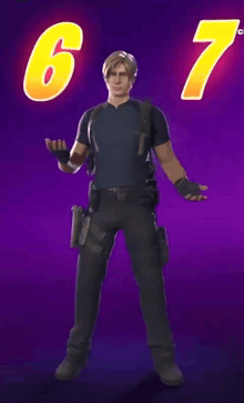 a video game character is standing in front of a purple background with the number 67 on it
