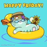 a cat wearing a hat and sunglasses is floating on a rubber duck with the words happy friday below it