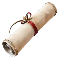 a scroll with a gold border and a red ribbon on a white background