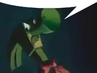 a cartoon character with a speech bubble behind it