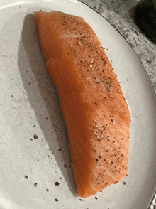 a piece of salmon is on a white plate