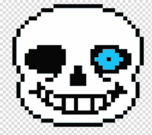 a pixel art of a skull with blue eyes and a smile .