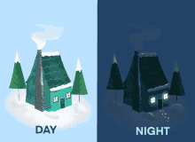 a day and night illustration of a house with snow on the roof