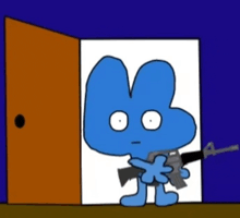 a blue cartoon character is holding a gun and standing in front of an open door .