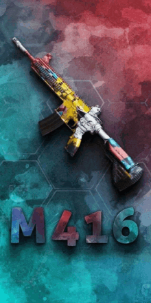 a colorful rifle with the letters m416 on a blue and red background