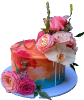 a cake with pink roses and orchids on top