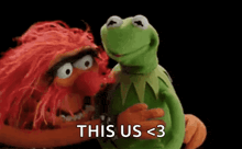 kermit the frog and animal from muppets are hugging each other .