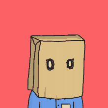 a cartoon character with a cardboard box on his head