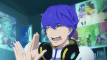 a man with blue hair and headphones is making a face
