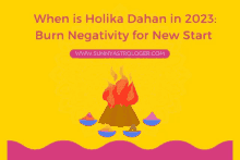 an illustration of a fire with the words " when is holika dahan in 2023 burn negativity for new start "