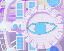 a white ferris wheel with a blue eye in the center