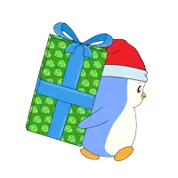 a penguin wearing a santa hat carrying a present