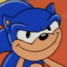 a close up of a cartoon sonic the hedgehog smiling on a red background .