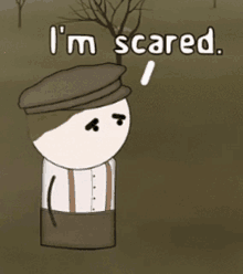 a cartoon character says i 'm scared while wearing suspenders and a hat