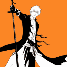 a drawing of a man holding a sword on an orange background