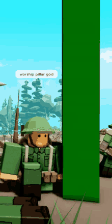 a cartoon soldier says worship pillar god on a screen