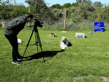 a man is taking a picture of a dog in a field with a sign that says ' agility ' on it