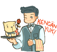 a cartoon of a waiter holding a tray with a teddy bear on it and the words kengan yuk written below him