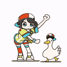 a cartoon girl is standing next to a duck and holding it .