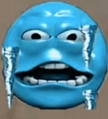 a blue smiley face with icicles coming out of it 's eyes and mouth .