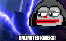 a pixel art of a person with the words " unlimited kweks " on the bottom