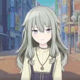a girl with long white hair and purple eyes is wearing a sweater and a necklace .