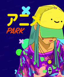 a cartoon of a girl wearing a hat with a smiley face on it and the words park on the bottom