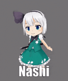 a cartoon girl in a green dress is holding a gun and the word nashi is on the bottom .