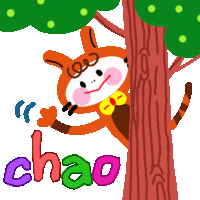 a cartoon of a cat peeking out from behind a tree with the word chao written below it