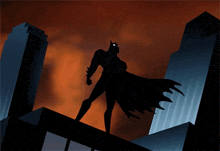 a batman standing on top of a building with a lightning bolt behind him