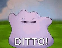 a purple cartoon character with the word ditto on it