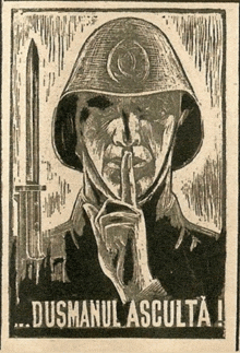 a drawing of a soldier with his finger on his lips and the words dusmanul asculta