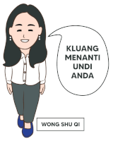 a cartoon drawing of a woman with a speech bubble that says kluang menanti undi anda