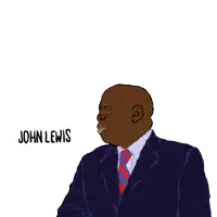 a drawing of a man in a suit and tie with the name john lewis written below him