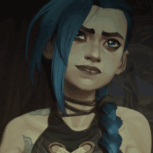 a cartoon character with blue hair and a braid