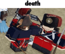 a group of soldiers are standing next to each other in a video game and the word death is above them .